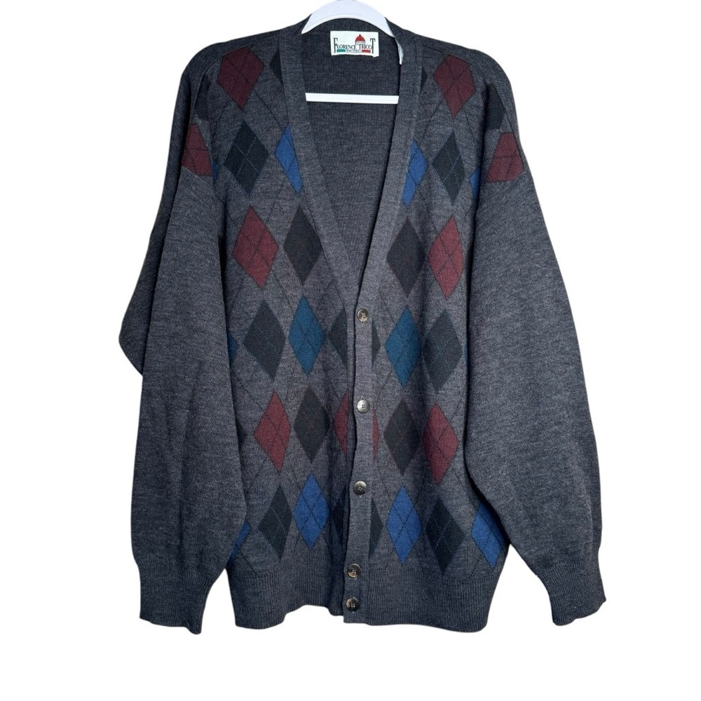 Florence Tricot Men’s Italy Gray Arygle Cardigan Grandpa Sweater Size XLT